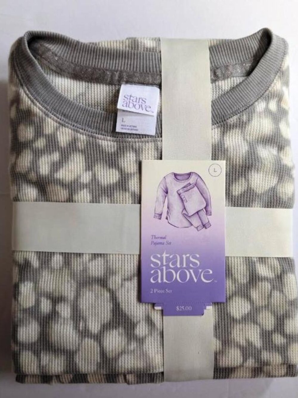 Stars Above Women's Thermal Pajama Set, Gray Leopard Print,  Size L or XXL - New